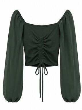 Ruched Drawstring Dark Green Puff-Sleeve Crop Top